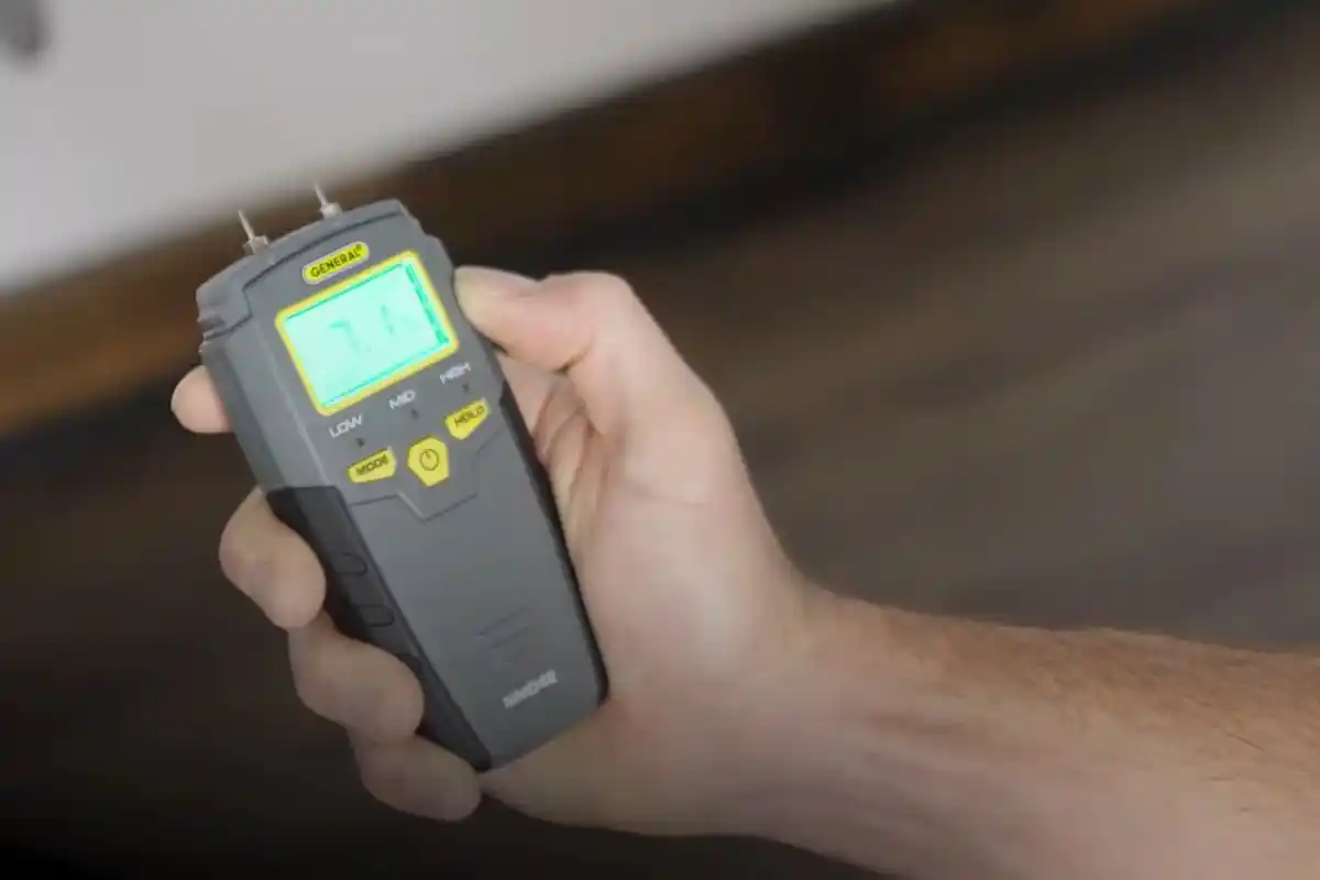 Technician holding a moisture meter to check for hidden water damage