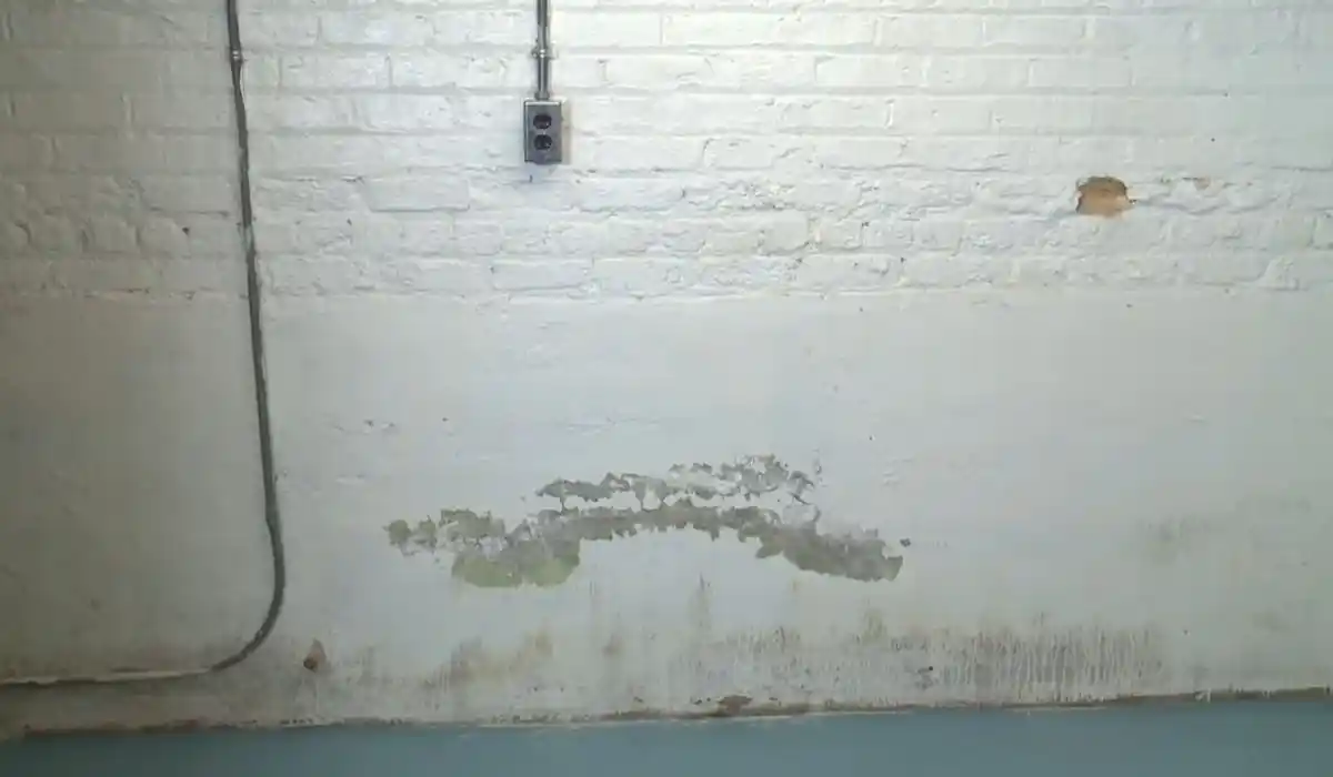 Mold growth on a basement wall near a pipe penetration