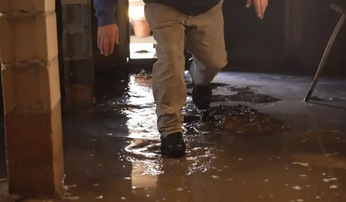 Technician walking through standing water in a flooded basement