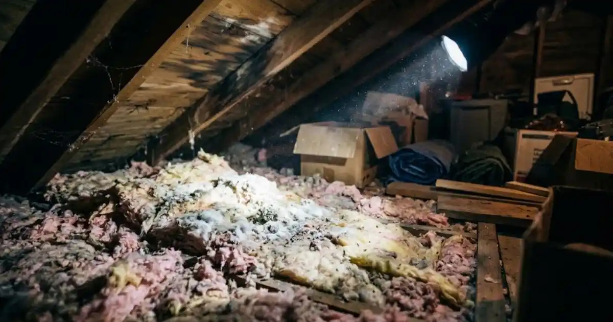 Attic insulation pulled up and disturbed, exposing the space below