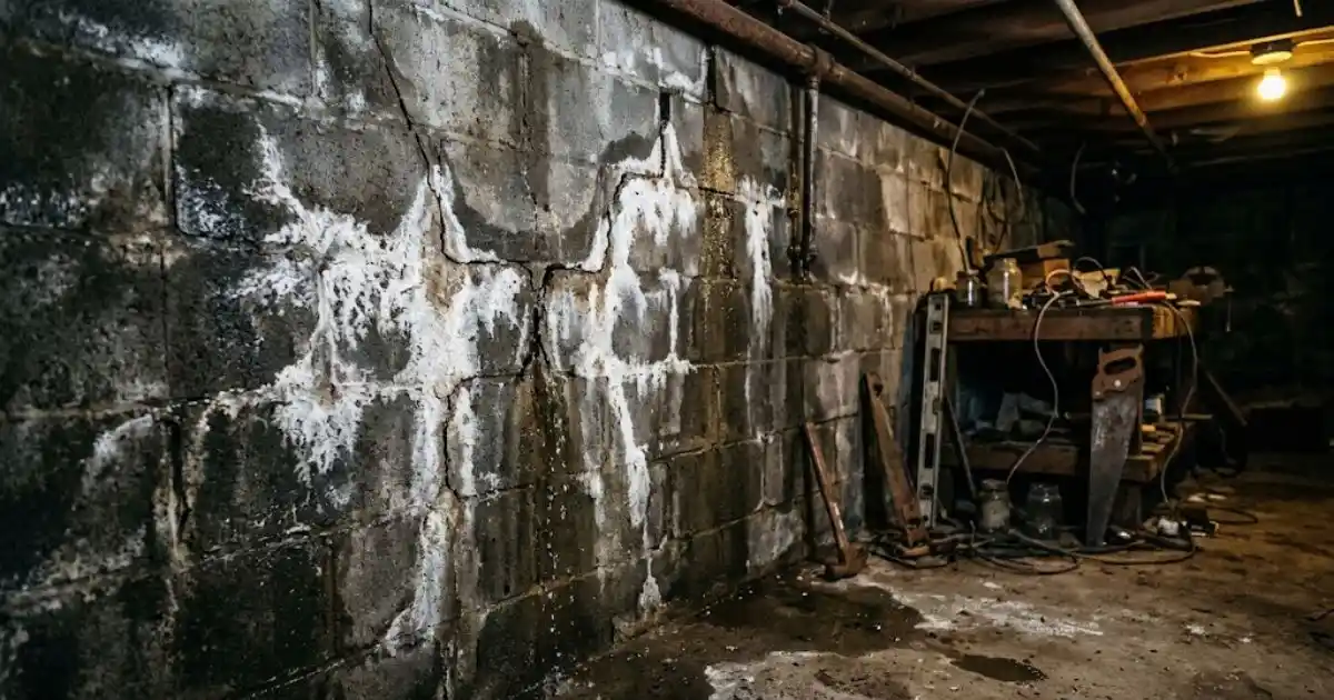 Older stone basement wall with visible mold growth near a workbench