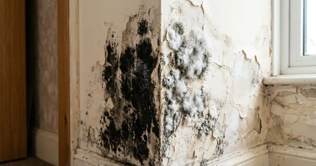 Mold growth spreading across a wall near a window