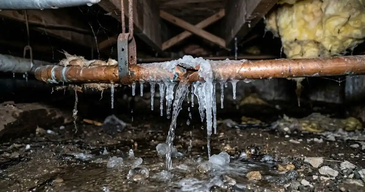 Frozen pipe with icicles in an unheated crawlspace