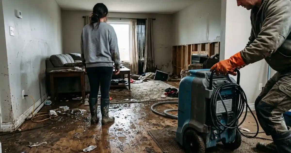 Two people in a flooded room, one operating water extraction equipment