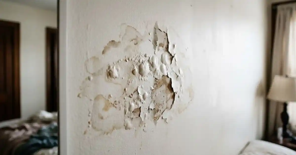 Damaged wall with a hole revealing crumbling, water-affected drywall