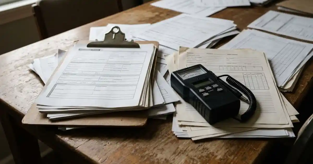 Insurance claim paperwork and a moisture meter on a table