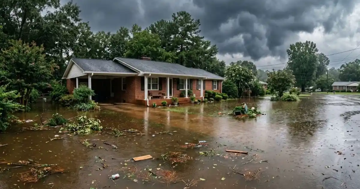 Flooded residential yard and street near a brick home under storm clouds