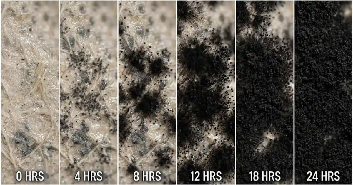 Time-lapse strip showing mold growth progression from 0 to 24 hours