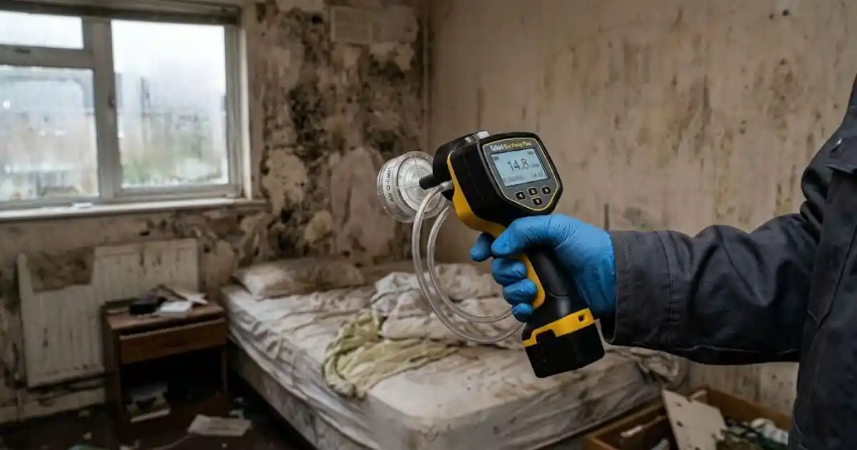 Gloved hand using an infrared inspection tool on a water-damaged wall