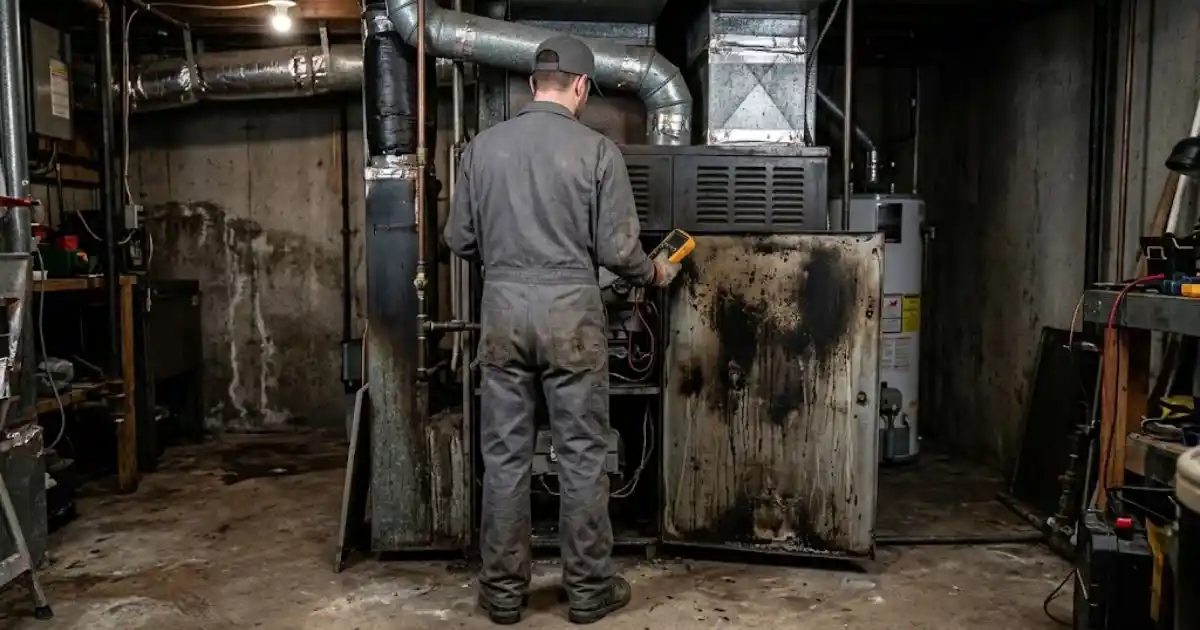 Technician working on a sooty furnace unit after a puffback event