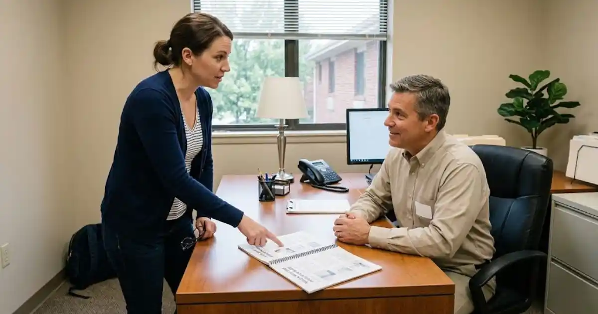 Tenant and property manager reviewing documents at an office desk