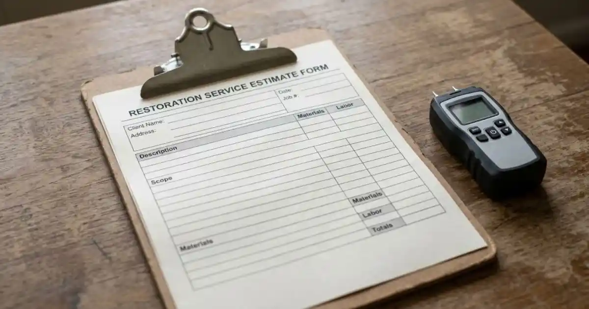 Restoration service estimate form and moisture meter on a clipboard