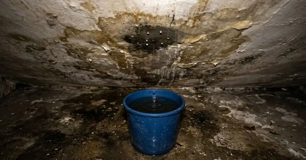 Water dripping from a ceiling leak into a bucket