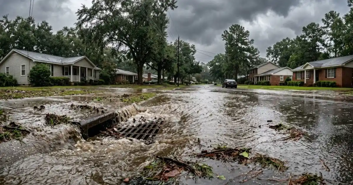 Flooded street with an overflowing storm drain under a stormy sky