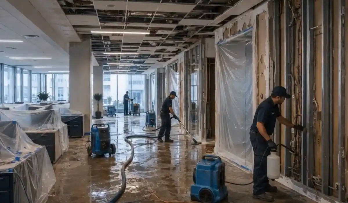 Crew extracting water from a flooded commercial office space