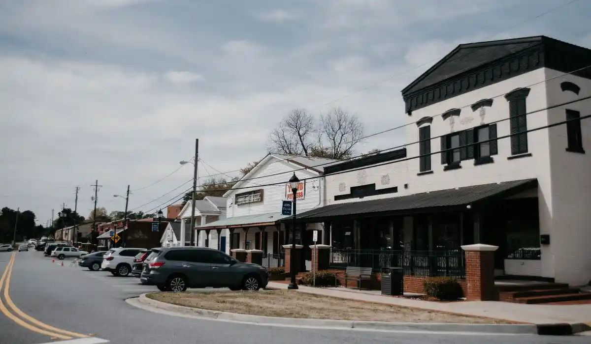 Small downtown storefront street scene in Dacula, GA