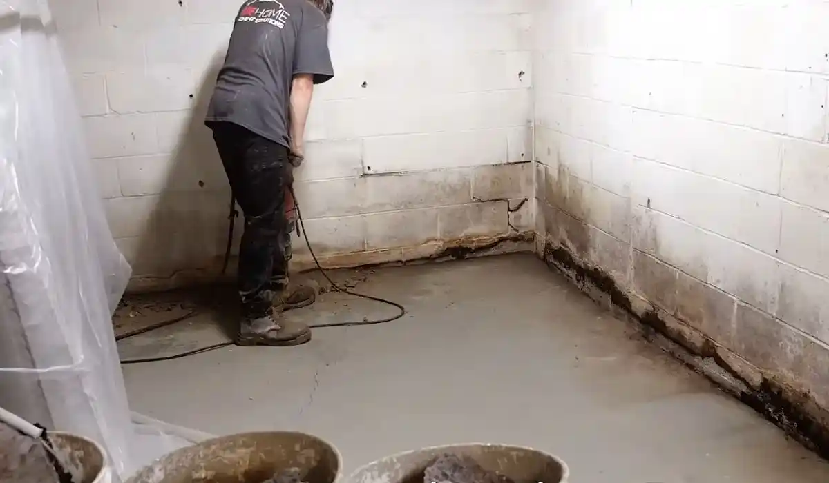 Technician working in an emptied basement room with an extraction hose