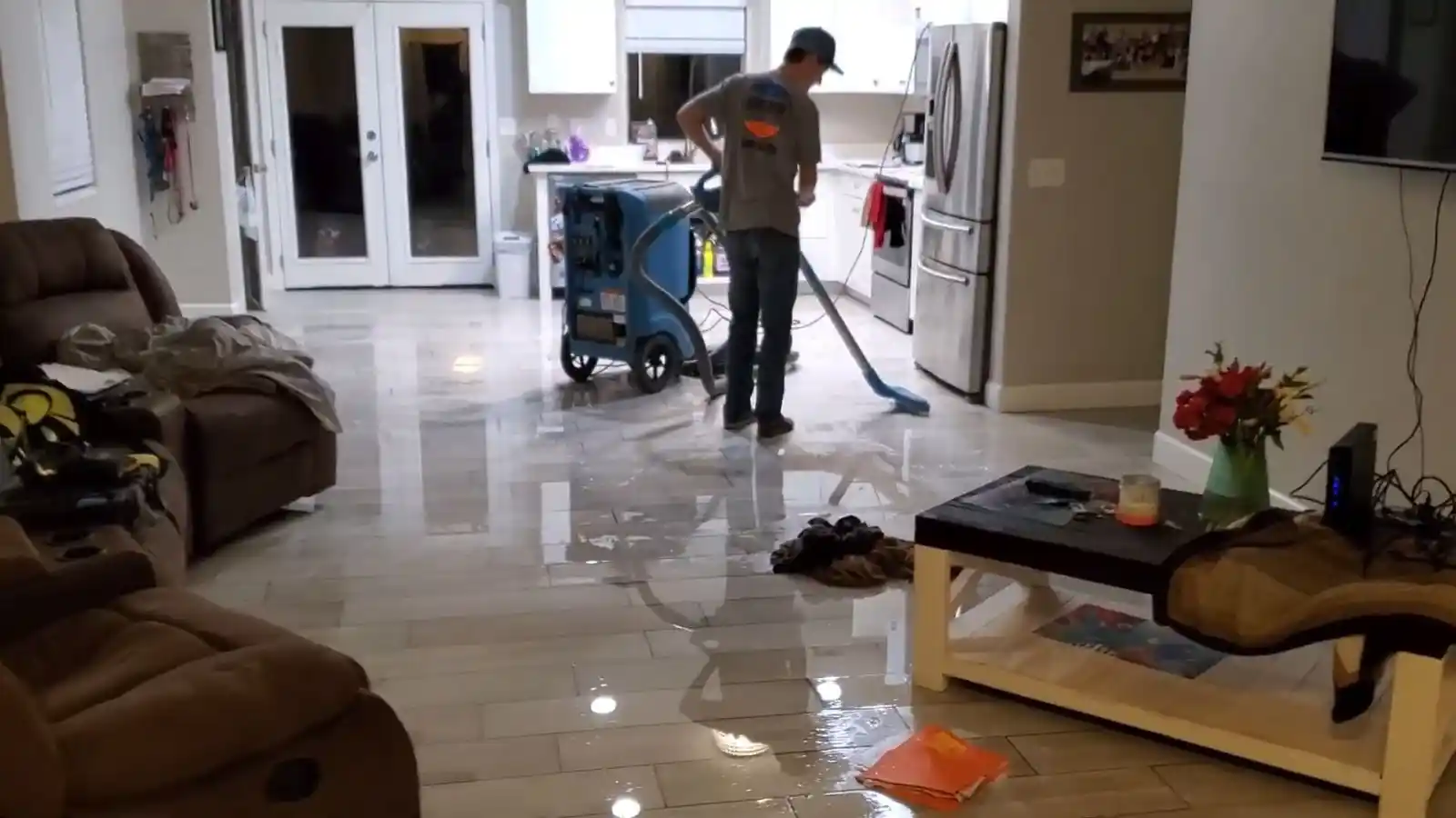 Technician using a water extraction wand on a flooded tile floor in a Winder, GA home