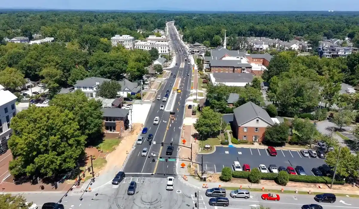 Aerial view of a Barrow County town center along a main street with local businesses