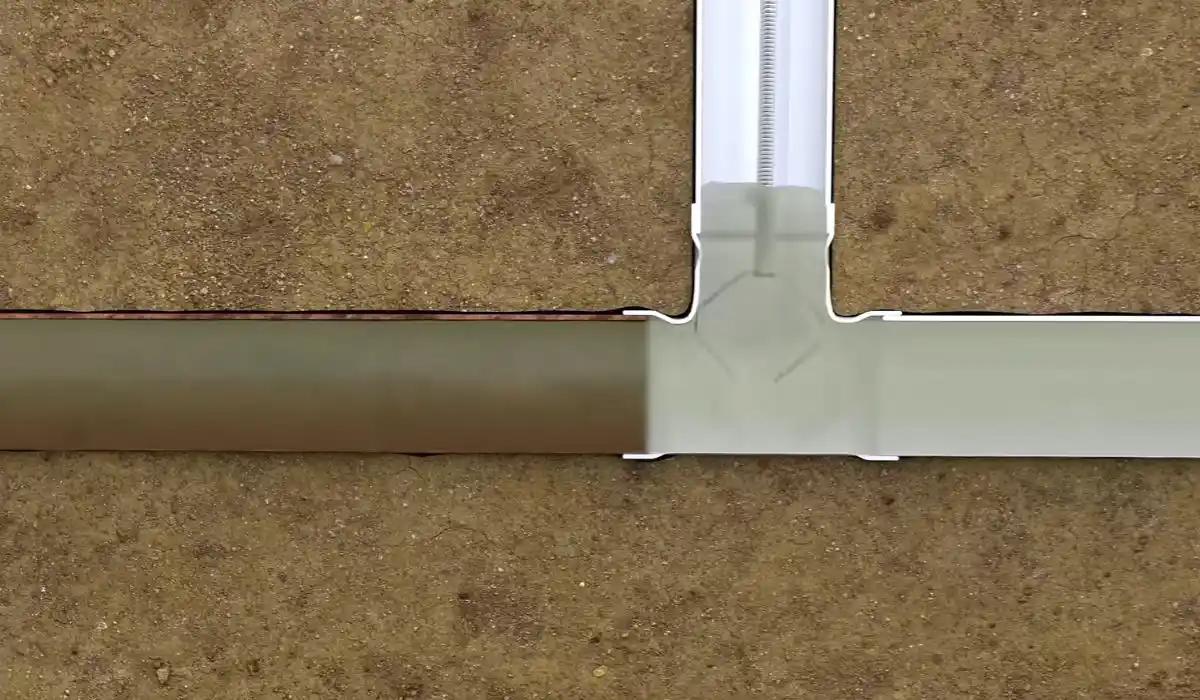 Close-up of a PVC plumbing pipe fitting under a subfloor
