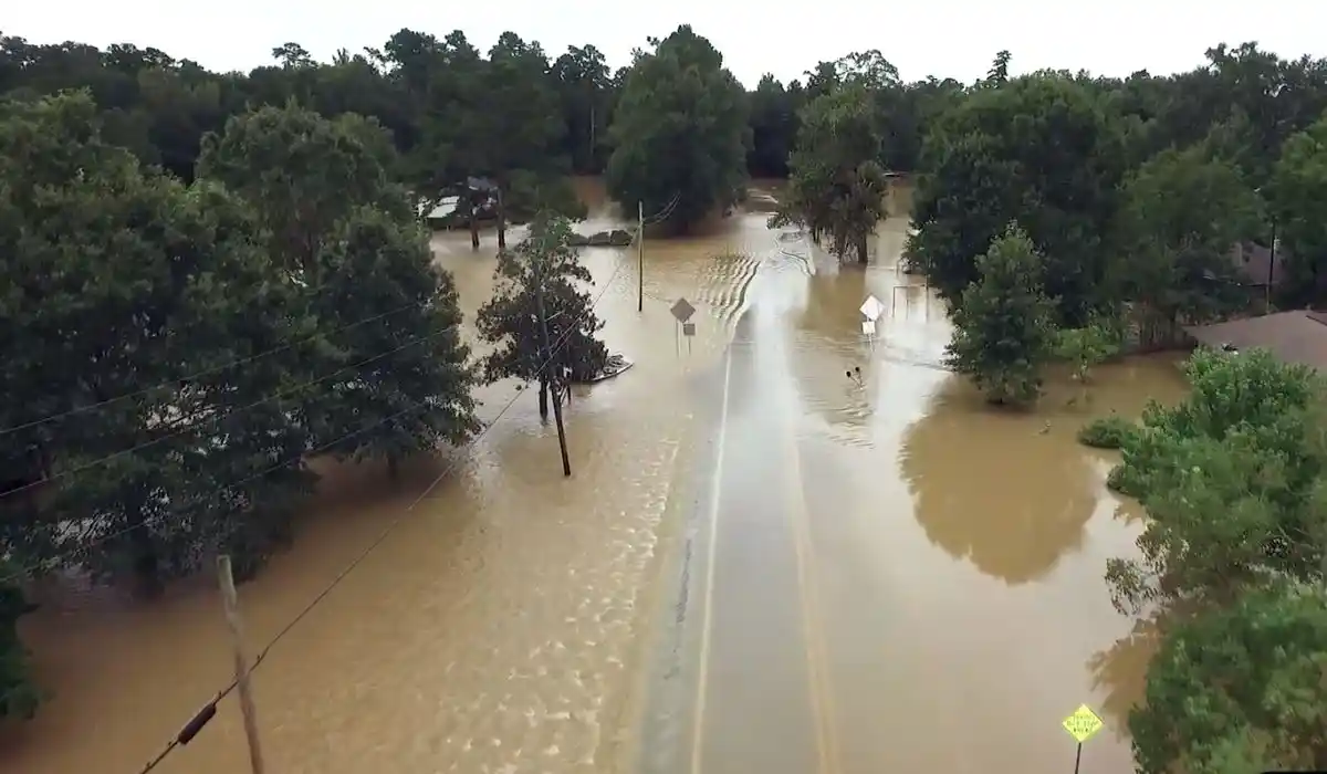 Aerial view of a flooded road with submerged trees after heavy rain